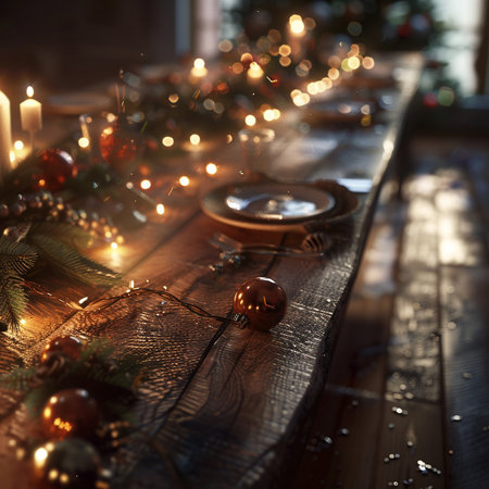Christmas table setting in rustic style. Selective focus. Holiday.の素材