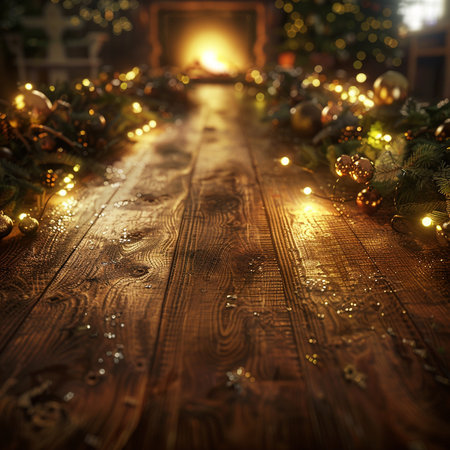 Wooden floor with Christmas lights and bokeh. Christmas backgroundの素材