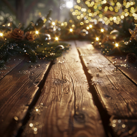 Wooden table with Christmas decorations and bokeh lights on backgroundの素材