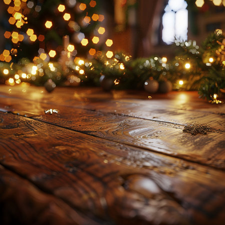 Wooden table with christmas tree and bokeh lights.の素材