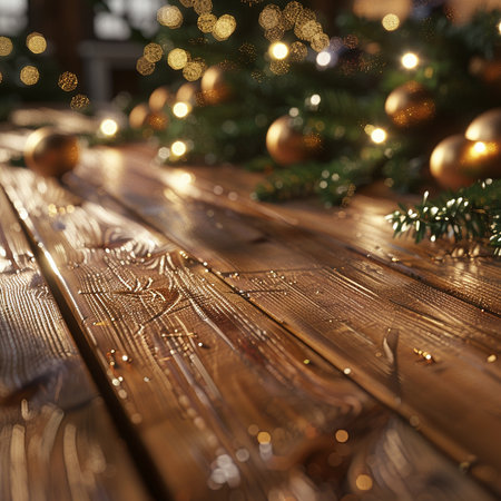 Wooden table with christmas decorations on bokeh background.の素材