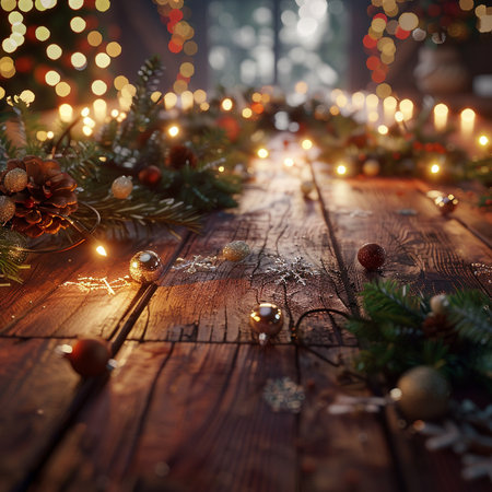 Christmas background with bokeh lights and fir branches on wooden boardの素材