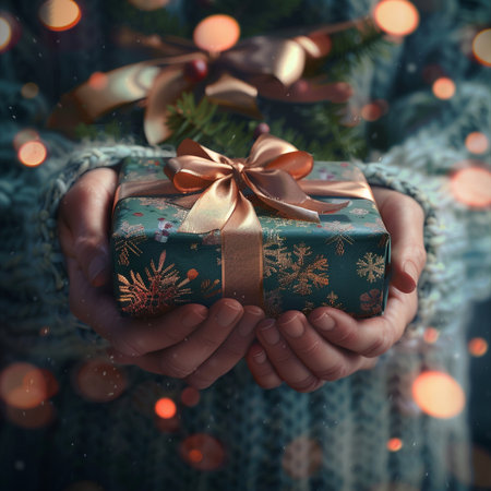 Female hands holding christmas gift box on bokeh background.の素材