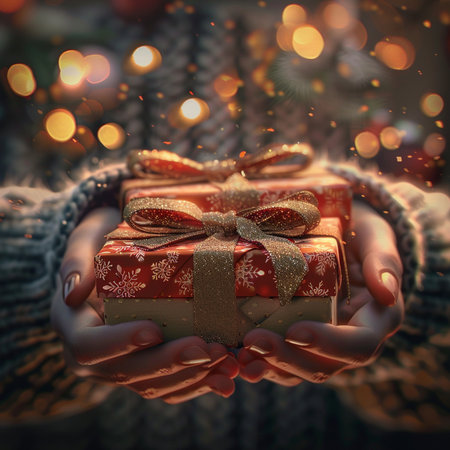Hands holding christmas gift box on bokeh background.の素材