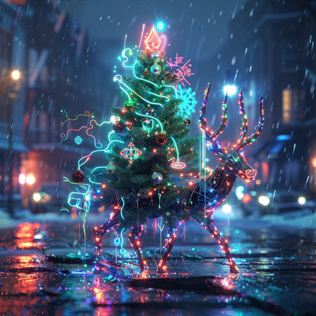 Christmas tree on the background of the night city. 3d renderingの素材