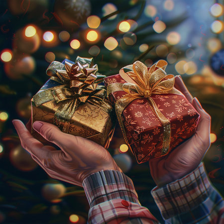 Hands holding a gift box on a background of a Christmas treeの素材