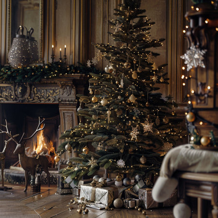 Christmas tree with gifts and fireplace in the interior of the living roomの素材