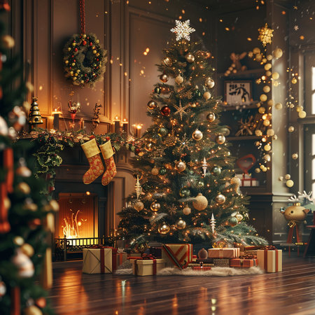 Beautiful Christmas tree with presents in the living room. 3d renderingの素材