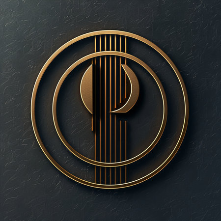 3d illustration of letter P in gold circle on black background.の素材