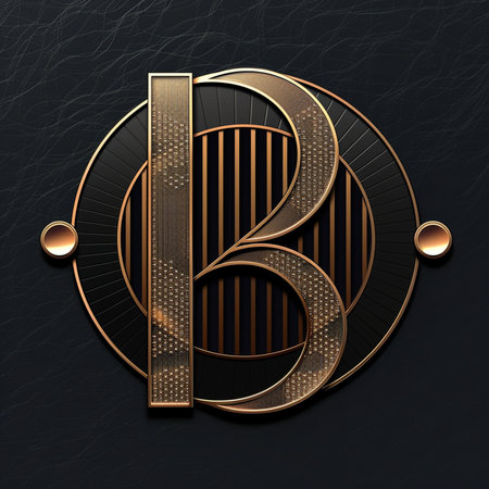 Black and golden letter D with round ornament on a black background.の素材