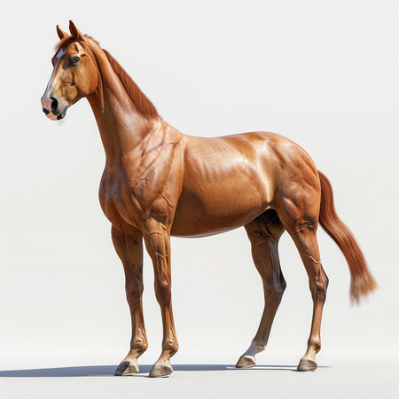 Portrait of a bay horse on a white background. 3d renderingの素材