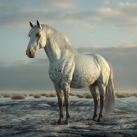 White horse on the beach at sunset. Toned image, shallow depth of field.の素材