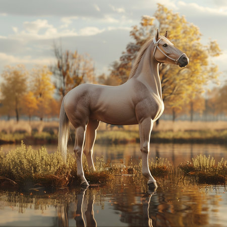 Beautiful white stallion standing in the water at sunset. 3d renderingの素材