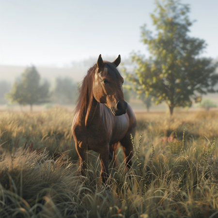 Beautiful brown horse in the meadow at sunset. Rural scene.の素材
