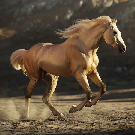 Palomino stallion running in the sand. Side view.の素材