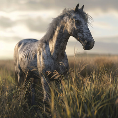 Beautiful gray horse standing in the field at sunset. 3d renderingの素材