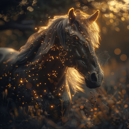 Horse portrait with golden glittering lights and bokeh effectの素材
