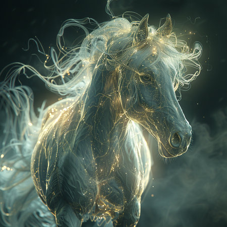 Beautiful white horse with golden sparkles on its mane on a dark backgroundの素材