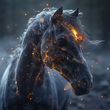 Fantasy portrait of a beautiful black horse in the forest with fire and sparksの素材