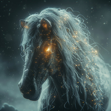 Fantasy image of a horse with a glowing mane in the darkの素材