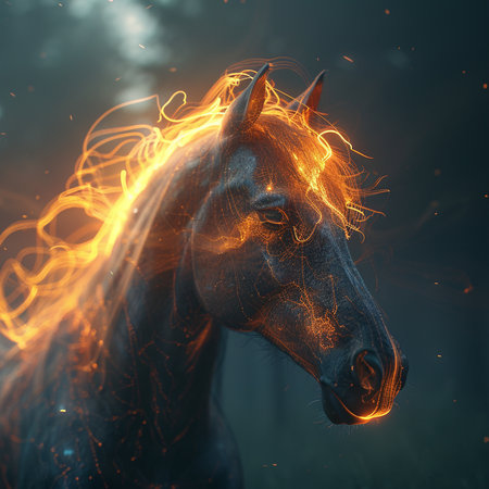 Fantasy portrait of a beautiful horse with fire in the background.の素材