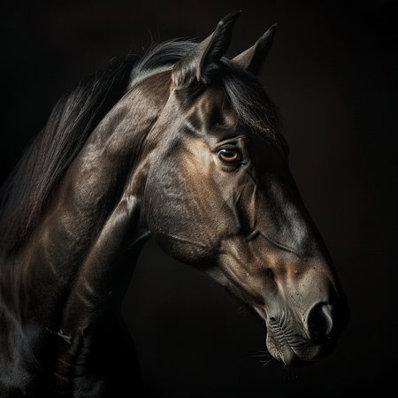 Portrait of a beautiful young stallion on a black background.の素材