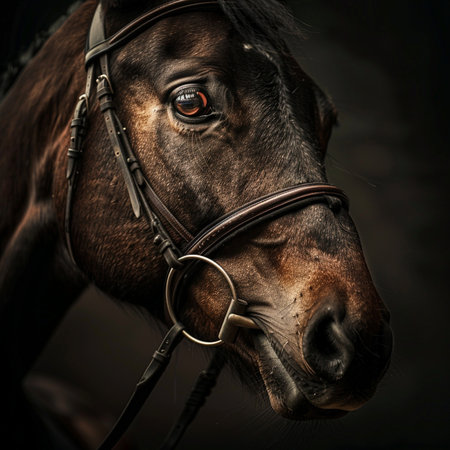 Portrait of a horse in the bridle. Dark background.の素材