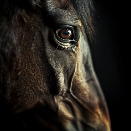 Horse eye closeup. Portrait of a horse on a black backgroundの素材