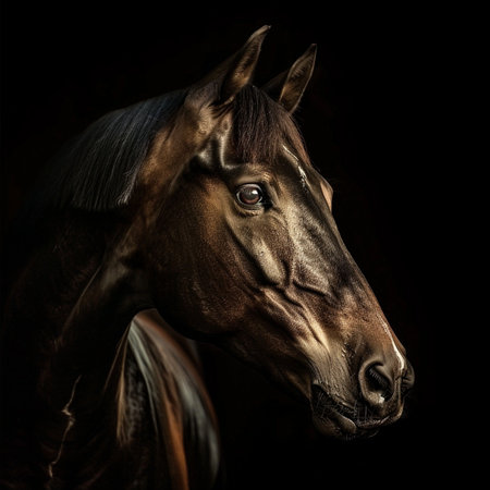 Portrait of a bay horse on a black background in the studioの素材