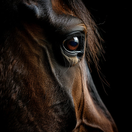 Eye of a horse on a black background. Portrait of a horse.の素材