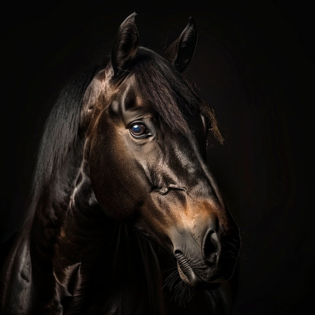 Portrait of a purebred bay horse on a black background.の素材