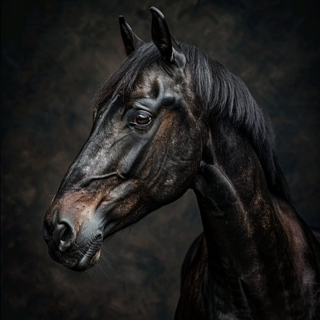 Portrait of a black horse on dark background. Studio shot.の素材
