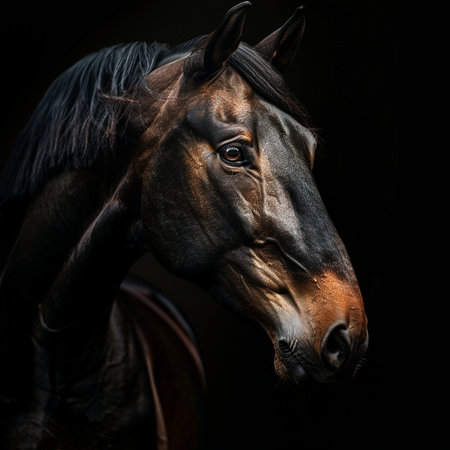 Portrait of a horse in the studio on a black background.の素材