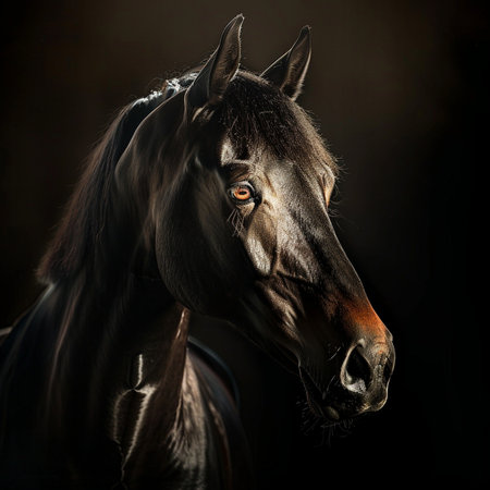 Portrait of a beautiful young stallion in studio on black backgroundの素材
