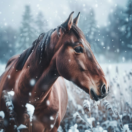 Beautiful brown horse in winter snowy field. Portrait of a horseの素材