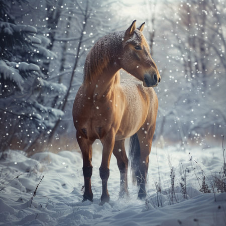 Horse in the winter forest on a background of snowfall.の素材