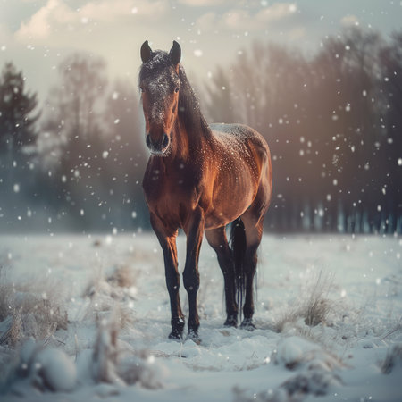 Beautiful bay horse standing in winter field with snowflakes.の素材