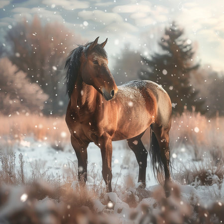 Horse in winter landscape with snowflakes. Vintage styles.の素材