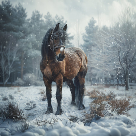 Horse in the winter forest with snowfall. Beautiful horse portraitの素材