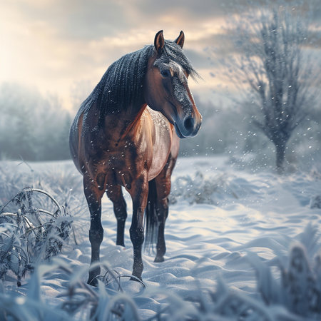 Beautiful horse in the winter forest. Photo in old color image styleの素材