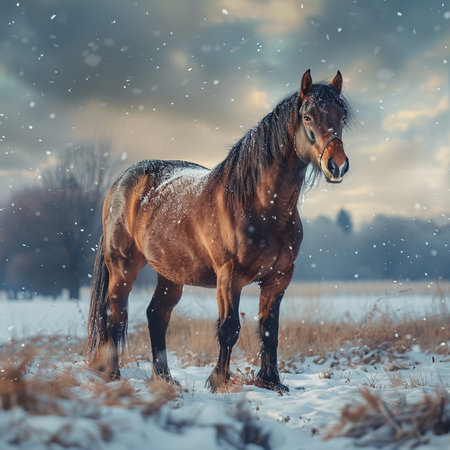Beautiful bay horse in winter field with snowflakes in the skyの素材