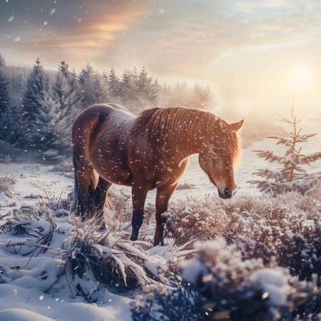 Horse in the winter forest at sunset. Beautiful winter landscape.の素材