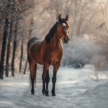 Beautiful bay horse in the winter forest. Portrait of a horseの素材