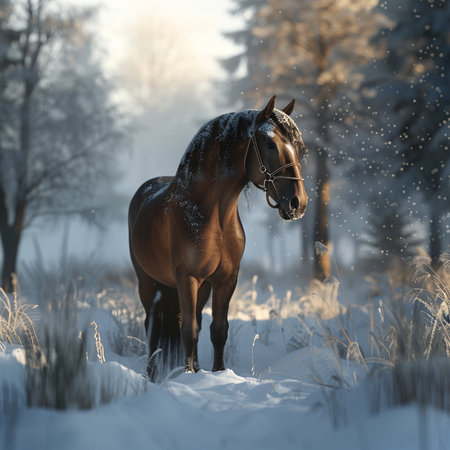 Beautiful bay stall in the winter forest. Snowfall.の素材