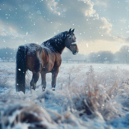 Horse in winter landscape. Snowfall in the meadow.の素材