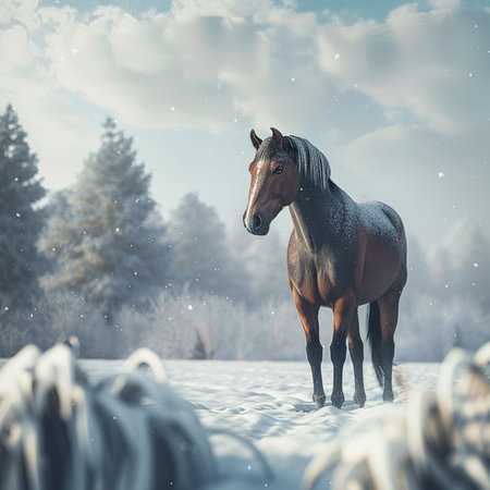 Horse in winter forest with snowflakes and blue sky.の素材