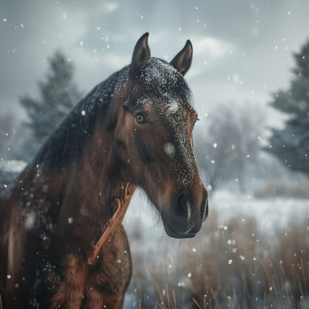 Beautiful brown horse portrait in winter field with snowflakes.の素材