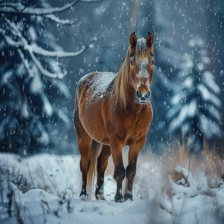 Horse in the snowy winter forest. Beautiful horse in the snowy forest.の素材