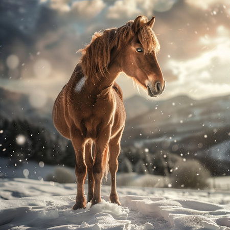 Horse in the snow in the mountains at sunset. Winter landscape.の素材