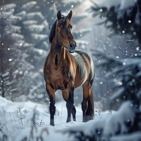 Beautiful bay horse standing in the snow in the winter forest.の素材